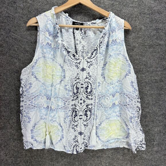 Lord + Taylor Blouse Women 2X Plus Blue Geometric V-Neck Tasseled Sleeveless - Picture 1 of 7